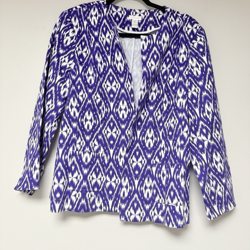 Chico's‎ Ikat Print Blazer Women Size 2 Large Purple White Open Front Jacket
